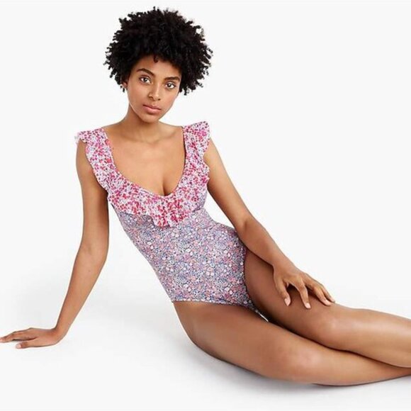 J CREW x Liberty of London 12 Ruffle Deep-V One-Piece Swimsuit Floral Print - Picture 4 of 9